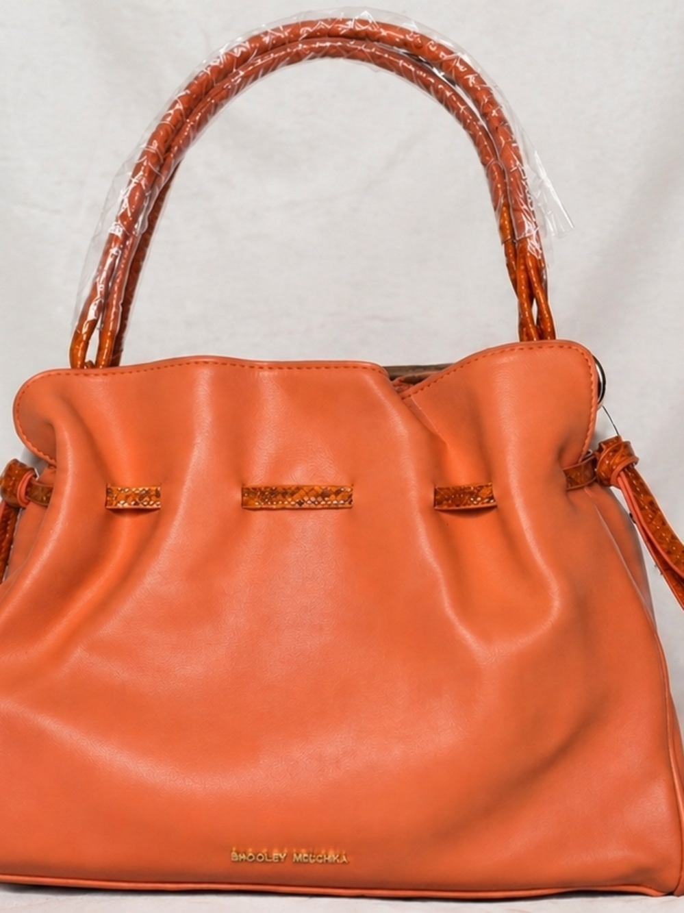 Badgley Mischka Solid/Snake Combo Shouldet Bag Vibrant Coral Ruched Adj Strap